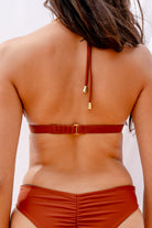 Back view of the Alessia triangle bikini top showing the halter ties in Sand