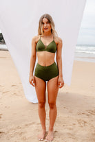 Model wearing Audrey bikini top and Natalie High Waisted Bikini Bottom