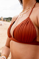 Close-up of the hand-pleated cups on the Alessia triangle bikini top in Sand